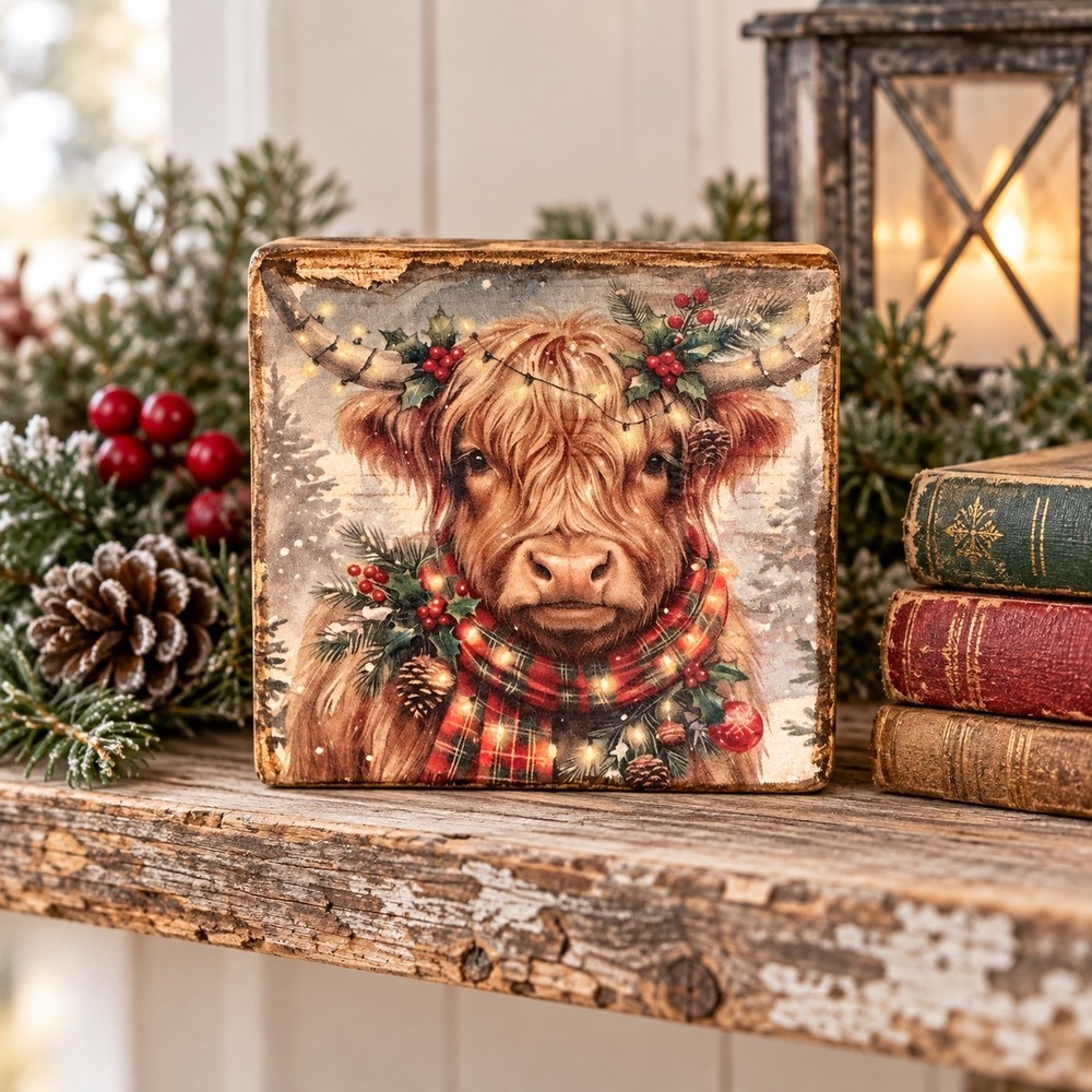 Handmade Christmas Highland Cow Wooden Block Sign Rustic Holiday Decor 5.5x5.5